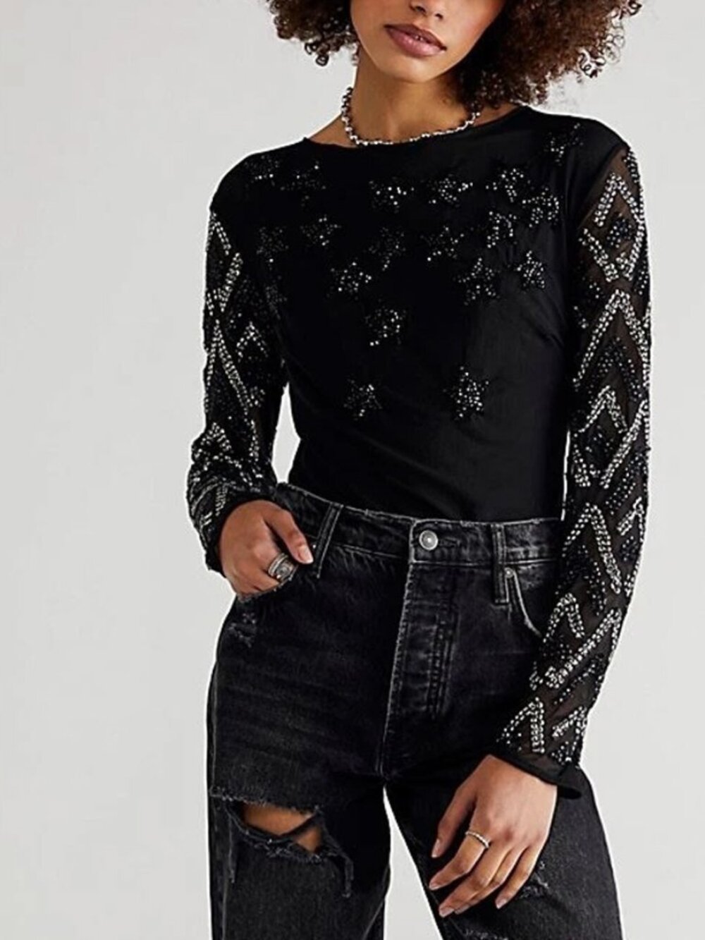 Free People Stargazer Black Sequin Beaded Mesh Bodysuit NWT